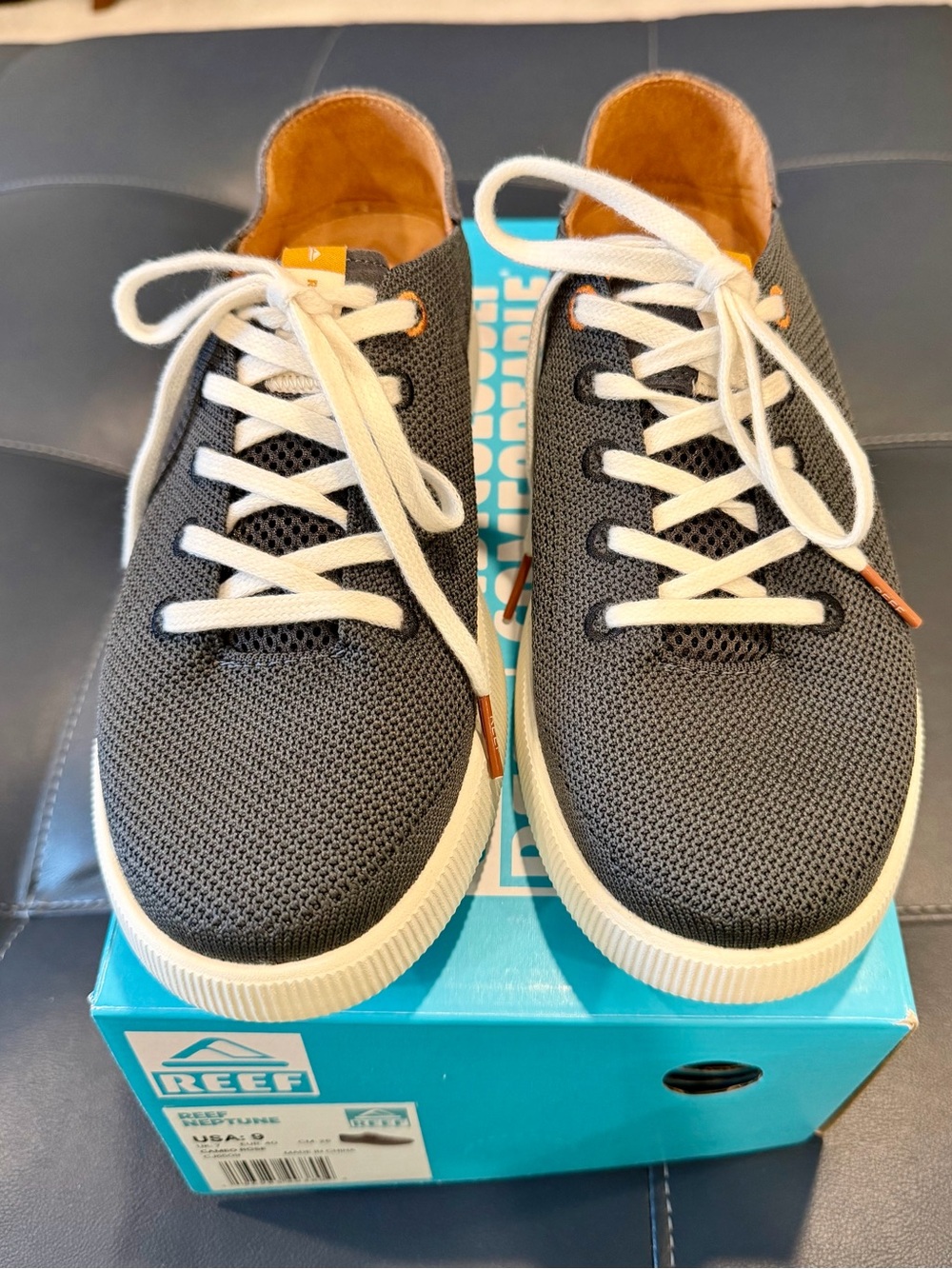 Reef Knit Low-Top Sneakers in Charcoal with White Laces and Tan Accents - Picture 1 of 7